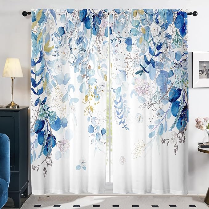 Blue and White Curtains for Living Room Spring Summer Blue Eucalyptus Leaves by GOLDLAWN
