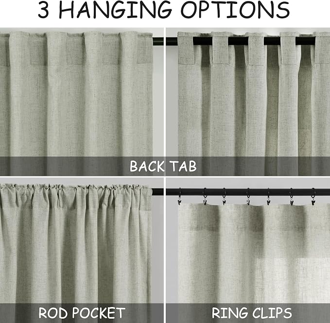 Sage Green Linen Sheer Curtains 54 Inch Length 2 Panel Set Back Tab Rod Pocket - Image 3