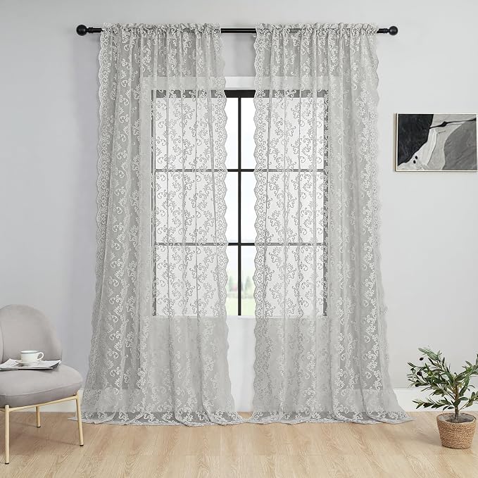 FOLKSIDE Grey Lace Curtains 63 Inch Length 2 Panels Paisley Pattern Rod Pocket - Image 2