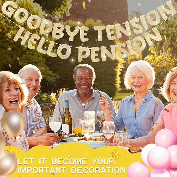 Retirement Banner Pre-Strung GOODBYE TENSION HELLO PENSION Banner Glitter - Image 6