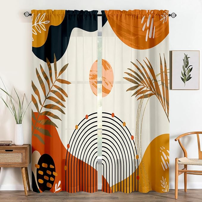 Boho Mid Century Abstract Leaves Curtains 52X84Inch Rainbow Living Room Curtain by GOLDLAWN