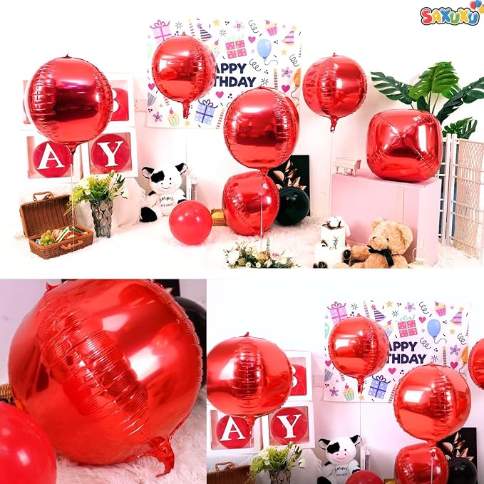 Red Round Foil Balloons, 22 Inch Red 4D Ball Balloons, Metallic Sphere Foil - Image 7