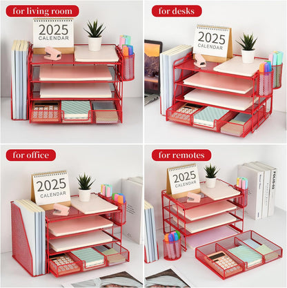 gianotter Paper Letter Tray Organizer with File Holder, 4-Tier Desk Accessories & Workspace Organizers with Drawer and 2 Pen Holder, Desk Organizers and Accessories for Office Supplies (Red)