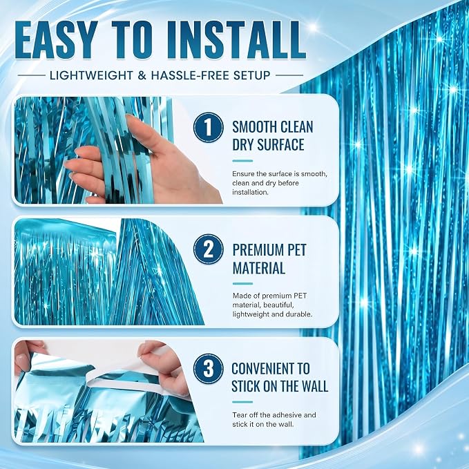 4 Pcs Light Blue 15ft Metallic Foil Ceiling Fringe Curtains, Party Decor Fringe - Image 4