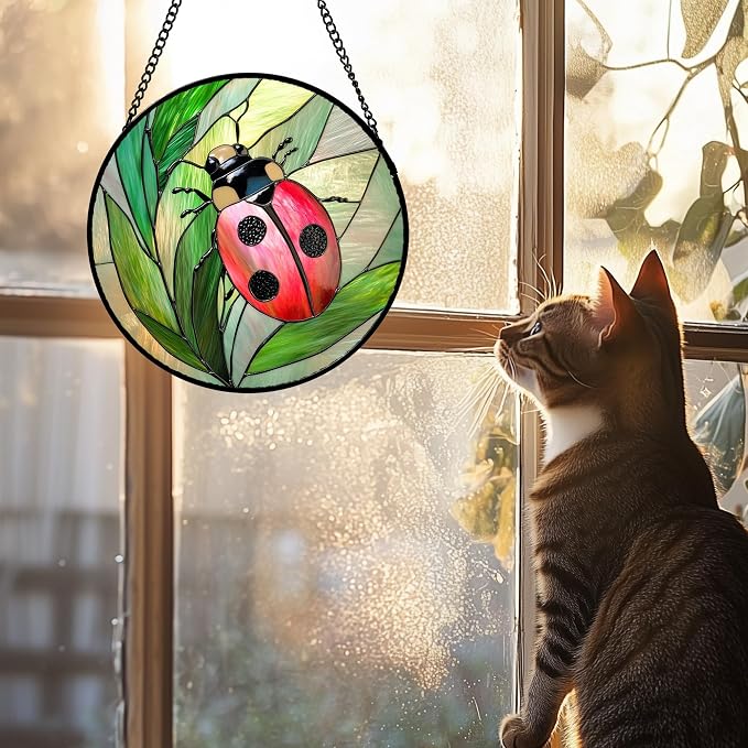 DASTOLL Stained Glass Window Hanging 4 Pcs Set Pink Green Insect Theme 7.8" - Image 4