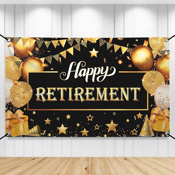 Katchon Happy Retirement Banner 72x44 Inch | Black & Gold, Wall Banner by KatchOn