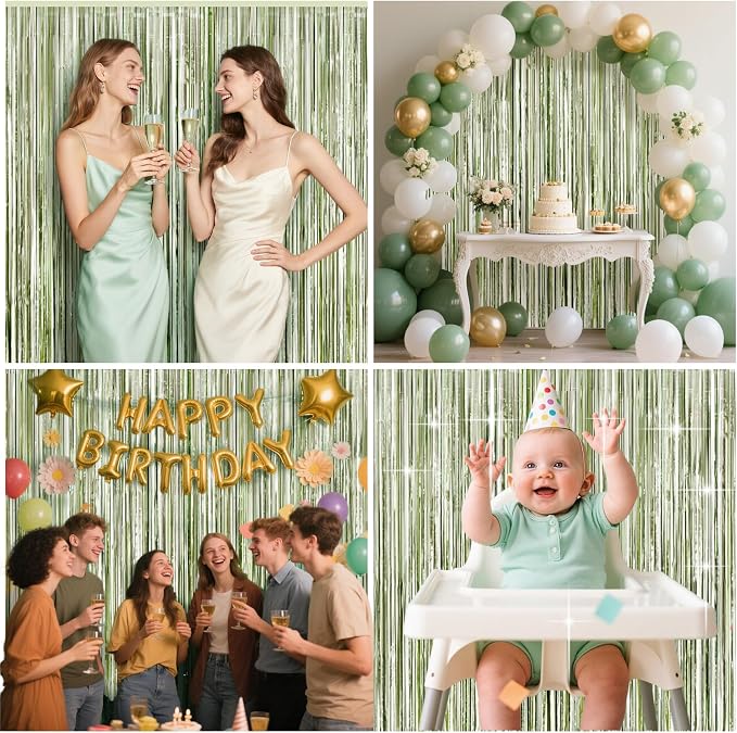 4 Packs Sage Green Foil Fringe Curtain, Light Green Glitter Metallic Tinsel - Image 4