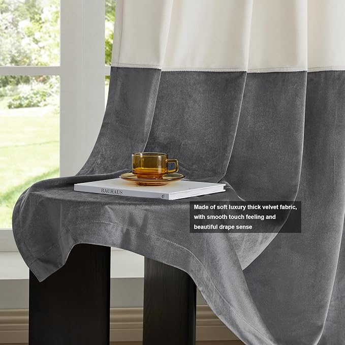 BULBUL Cream Ivory Gray 102 inches Velvet Curtains - Image 5