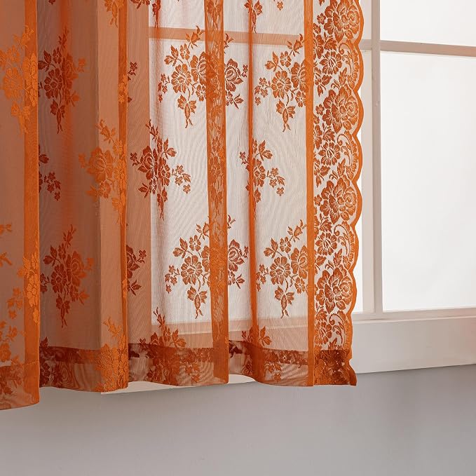 Kotile Burnt Orange Floral Sheer Curtains - Image 4