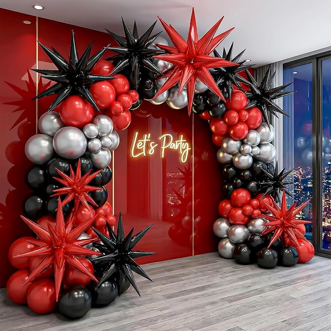 9Pcs Red and Black Star Balloons, Large Explosion Foil Balloons, Metallic Mylar - Image 7