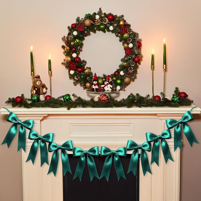 1 String of 8PCS Dark Green Bow Garland Banner Decoration, Pre-Strung Satin - Image 4