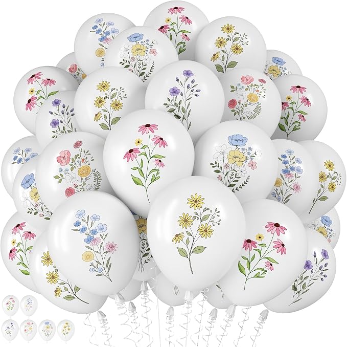 Wildflower Balloons, 12 Inch White Spring Balloon, Girls Birthday Party Tea by Froova