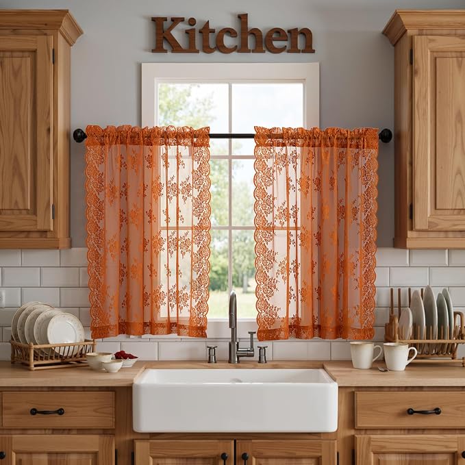 Kotile Burnt Orange Floral Sheer Curtains by Kotile+Curtains