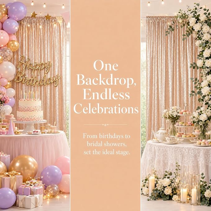 ShinyBeauty Champagne Sequin Backdrop 2 Panels 4x7FT Sequin Curtains | Full - Image 3