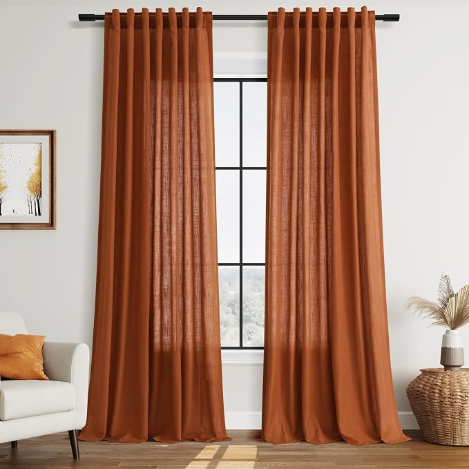 Rust Linen Curtains for Living Room 90 Inches Long Light Filtering Semi Sheer by Nanspring