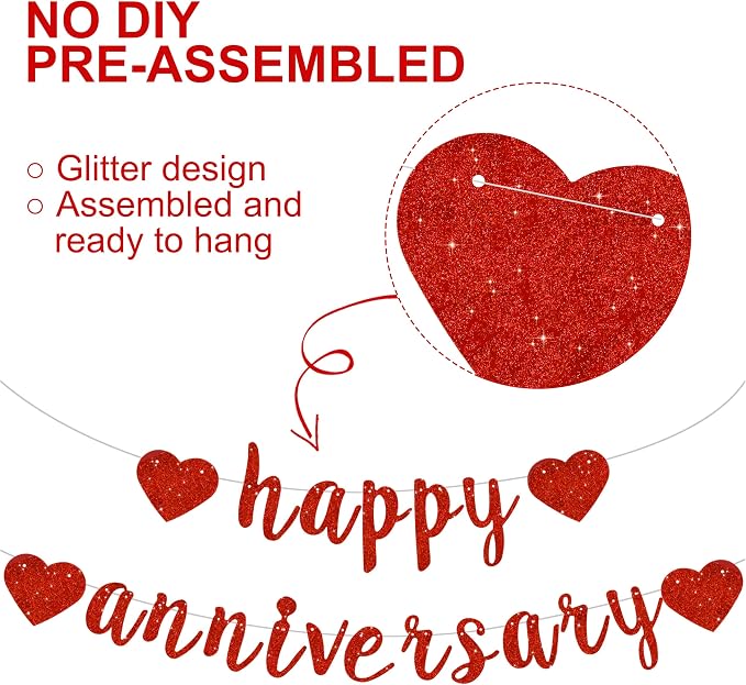 BEISHIDA Glitter Pre-Strung Red Happy Anniversary Banner Decoration | NO DIY - Image 2