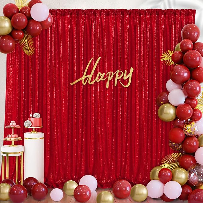 Red Sequin Backdrop Curtains Party Photo Glitter Drapes 2 Pcs 2FTx8FT | - Image 5