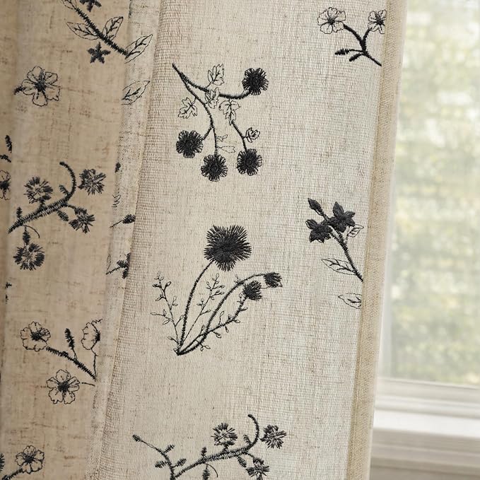 Black Floral Embroidered Light Filtering Curtains 84 Inch 2 Panels | Linen by Unknown