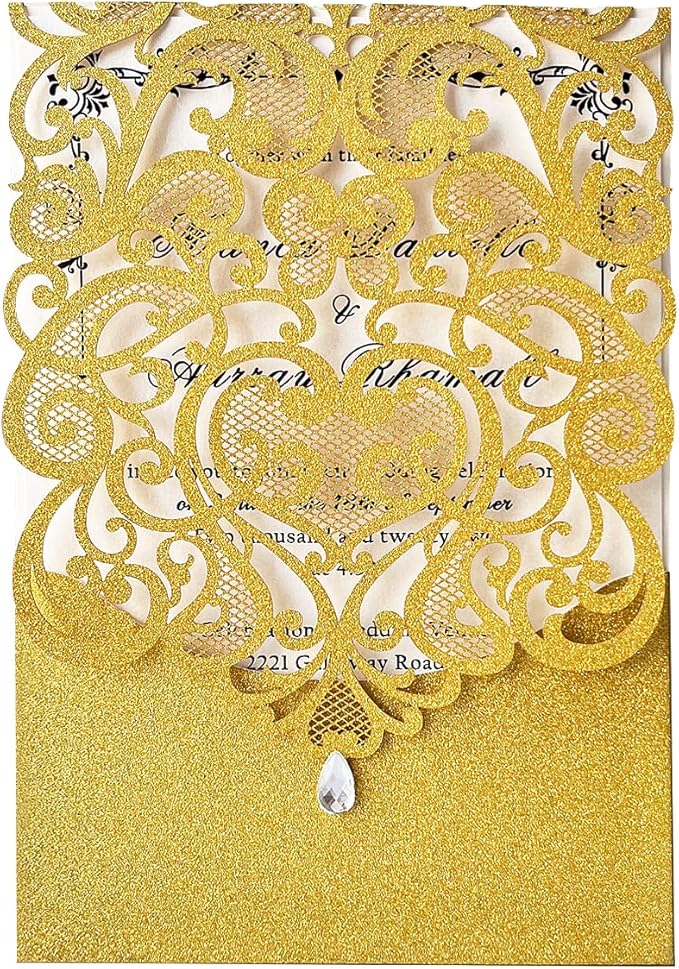 Hosmsua 5.12 x 7.3 50pcs Personalized Gold Laser Cut Flora Wedding Invitation Cards with Rhinestone and Envelopes Invitations for Quinceañera Wedding Invite (Customized Printed)