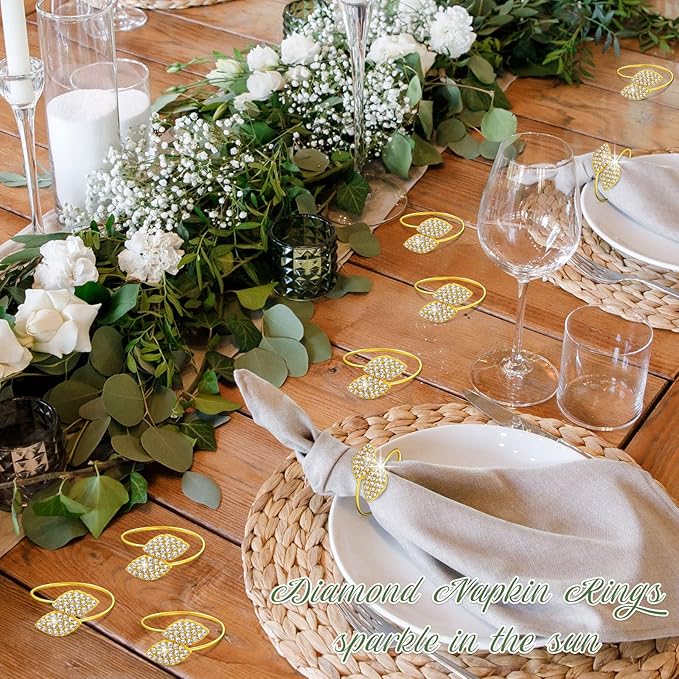 Hotop 12 Piece Napkin Rings Gold Table Decorations, Elegant Bling Leaves Napkin Rings, Rhinestone Guest Towels Buckle for Wedding Gold Party, Thanksgiving Christmas Dinner Banquet Table Decoration