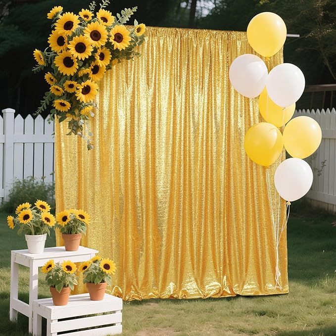 SquarePie Sequin Backdrop Curtain Not See Through Background for Wedding Party 7FT x 7FT Gold