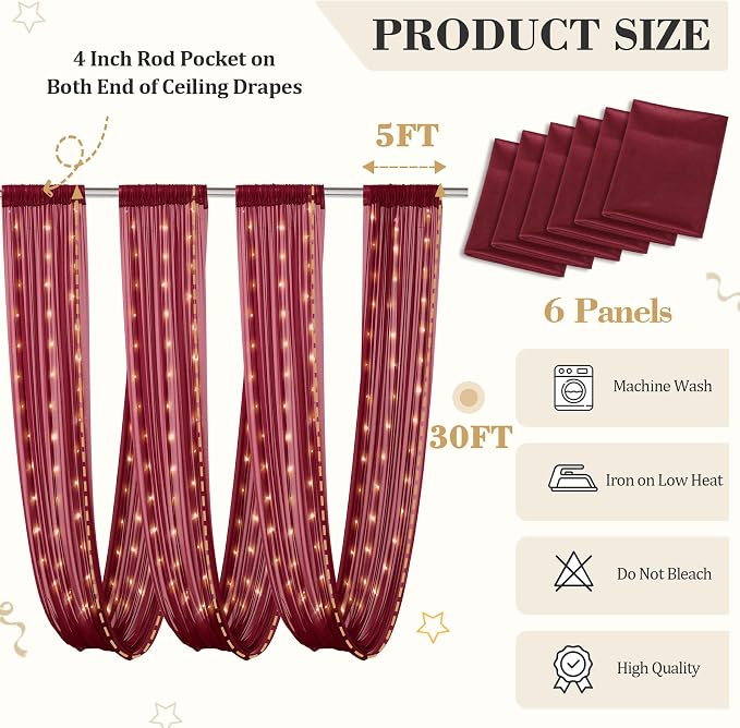 6 Panels Burgundy Ceiling Curtains - Image 2
