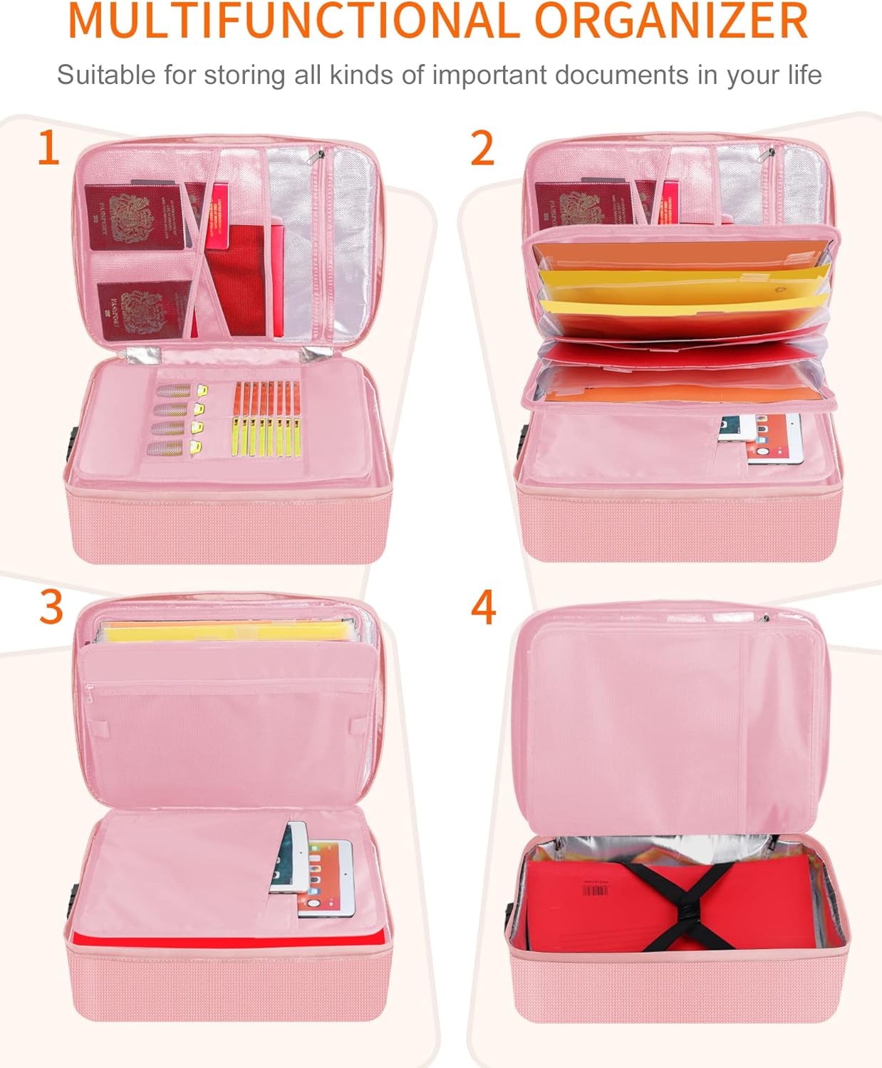 Noiposi Document Organizer with 5200℉ Heat Insulated,16.1"x11.4"x4.3" Waterproof and Fireproof Document Box,Portable Home Travel Safe Storage Box for Important Documents and File,Pink