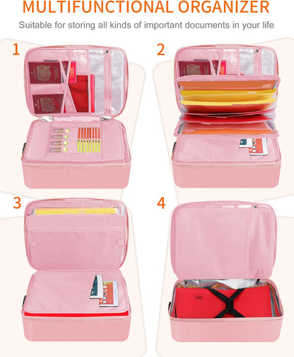 Noiposi Document Organizer with 5200℉ Heat Insulated,16.1"x11.4"x4.3" Waterproof and Fireproof Document Box,Portable Home Travel Safe Storage Box for Important Documents and File,Pink