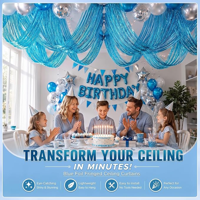 4 Pcs Light Blue 15ft Metallic Foil Ceiling Fringe Curtains, Party Decor Fringe - Image 6