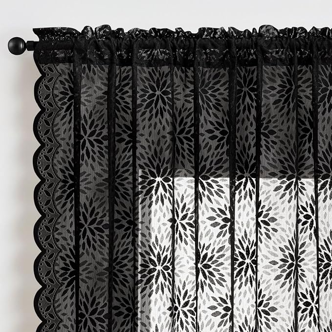 MIULEE Black Lace Curtains 96 inches Long, Victorian Floral Semi Sheer Curtains - Image 6