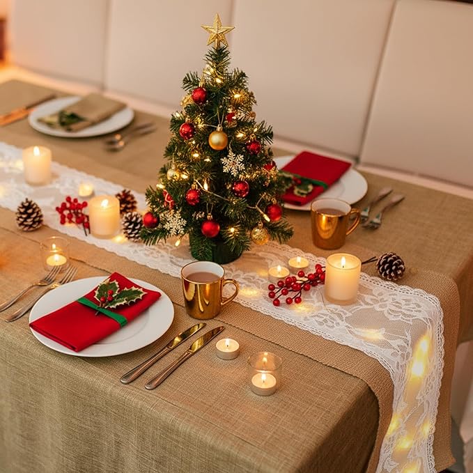 Xinnun 6 Pack Burlap Table Runner with LED String Lights, Modern Rustic Lace Natural Vintage Boho Jute Wedding Table Decor for Farmhouse Thanksgiving Christmas(Wedding Lace LED,12x108 Inches)