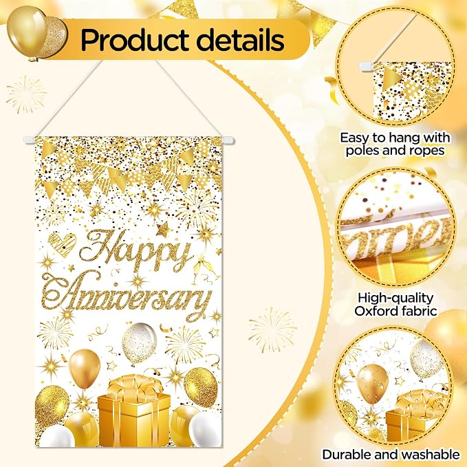 Anniversary Party Decorations White Gold Happy Anniversary Door Banner Sign - Image 7