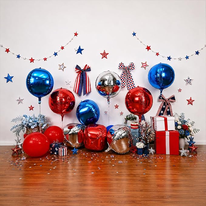 22 Inch Red Blue Silver Round Foil Balloons 9 Pcs, Large 4D Round Balloons - Image 3