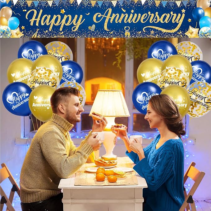 Happy Anniversary Banner Decorations Navy Blue Gold Happy Anniversary Yard - Image 4