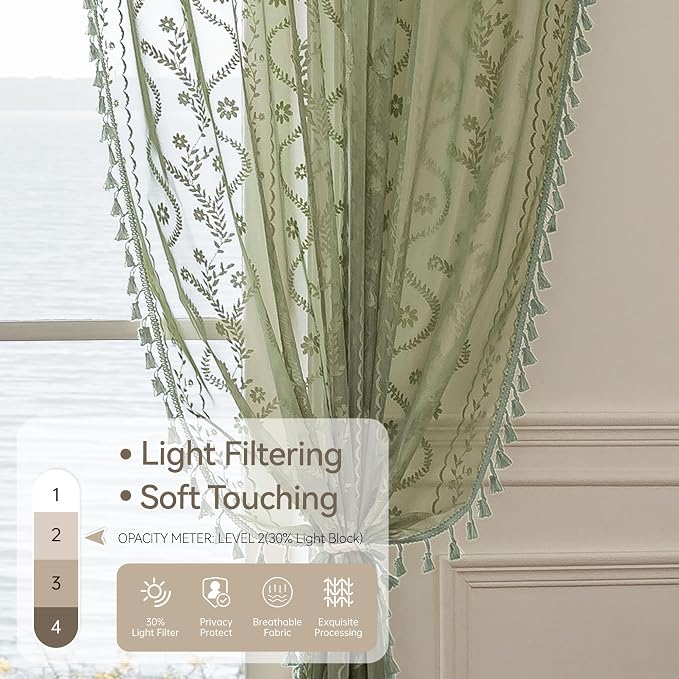 WAZZIO Boho Lace Curtains 2 Panels 96 Inch -Vintage Victorian Sheer Panel Drape - Image 4