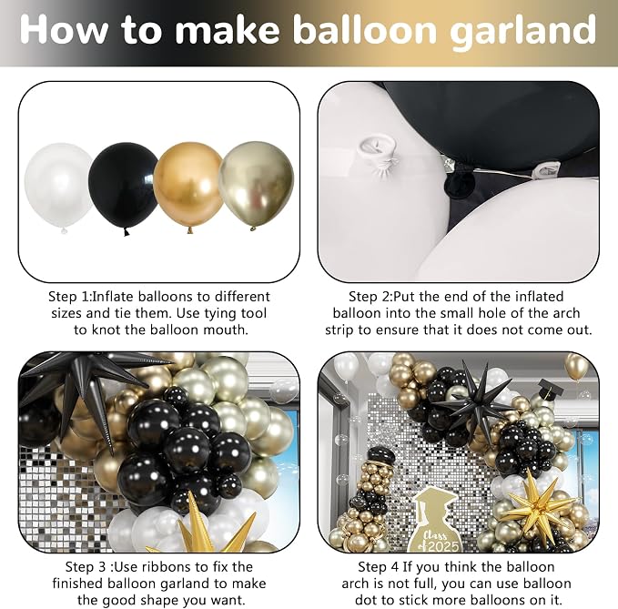 New Years Balloon Garland Arch Kit Black and Gold Explosion Star Balloons Black - Image 7