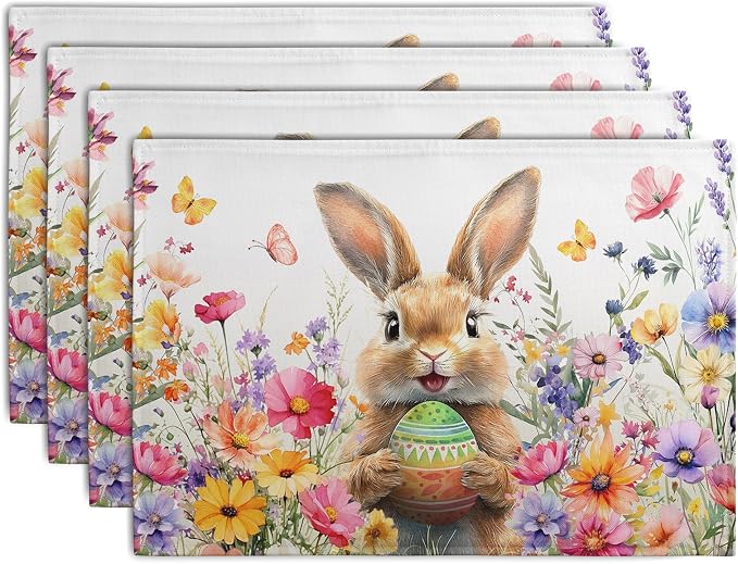Easter Rabbit Placemats Set of 4 Spring Bunny Colorful Egg Wildflower Place Mat by Wnoesat