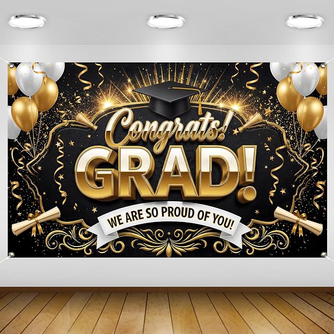 Black Gold Graduation Banner Backdrop 2026 5.9x3.6ft Congrats Grad Banner by Retyshiaphoto