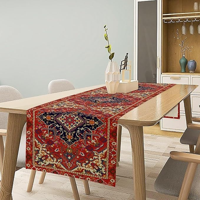 Boho Old French Table Runner, Vintage Red Beige Retro Flower Rustic Country Style Floral Print Pattern for Home Kitchen Table Decor Dining Coffee Room Garden Party Decor 13x60in