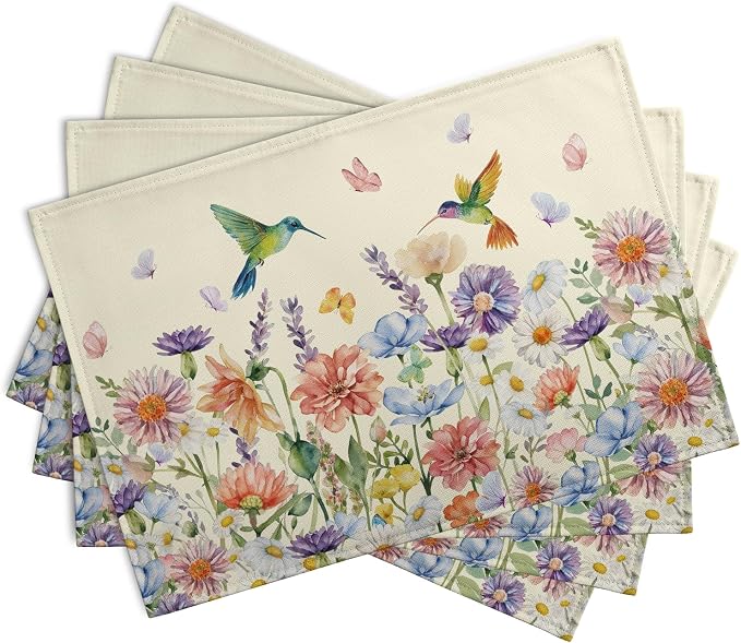 Flowers Bird Spring Summer Placemats Set of 4 Watercolor Floral Hummingbird - Image 2