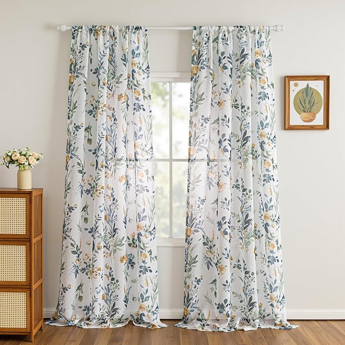 MYSKY HOME Yellow and Blue Sheer Floral Curtains 108 Inch Length 2 Panels | - Image 8