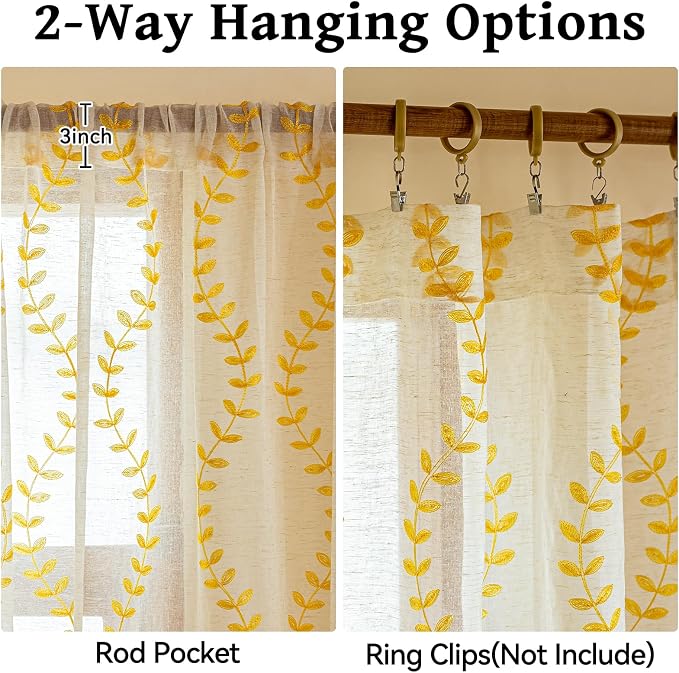 2 Panels Linen Leaf String Floral Embroidered Semi Sheer Curtain Farmhouse - Image 5