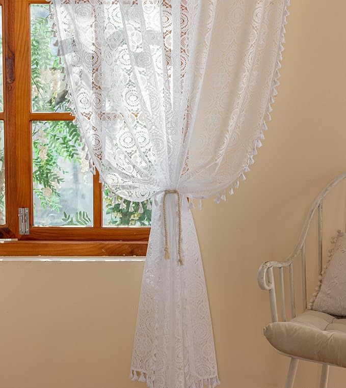 YJ YANJUN Boho Lace Curtains 63 inch 2 Panels, Vintage Floral Crochet Style - Image 4