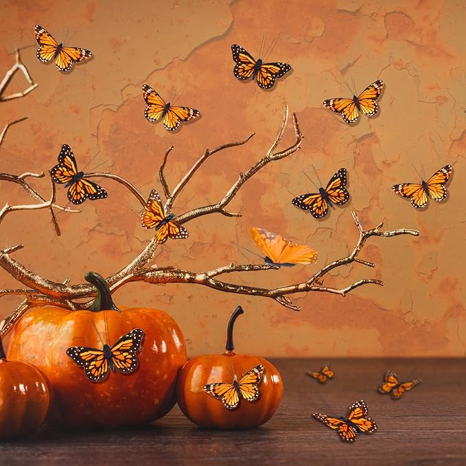 Ysleen 12 Set Monarch Butterfly Decoration Artificial Butterflies Feather Picks - Image 3