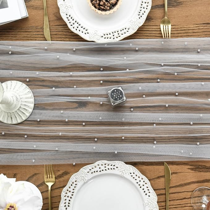 Artoid Mode 3PCS Pearl Grey Gauze Table Runner 120 Inch 10FT, Seasonal Sheer - Image 2