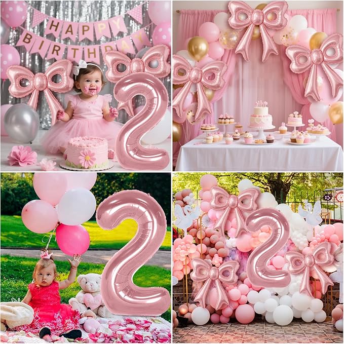 Bow Number 2 Birthday Balloons, 40” Pink Aluminum Foil Balloons Happy Birthday - Image 5