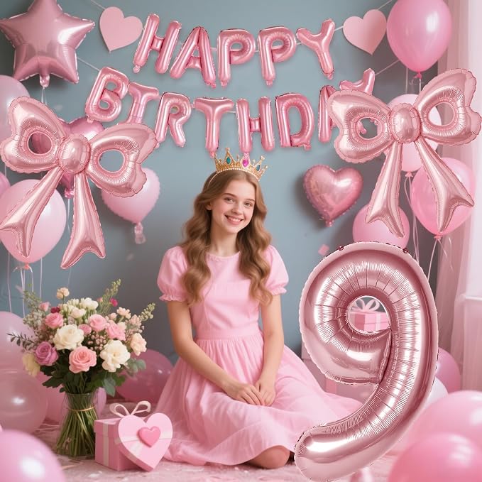 Bow Number 9 Birthday Balloons, Coquette Party Decorations Supplies - Image 2