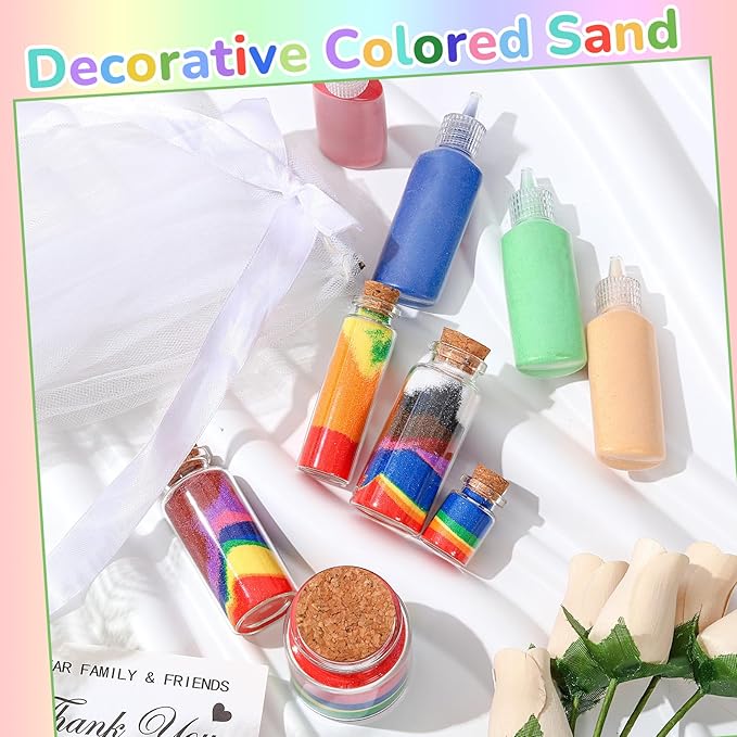 Wettarn 180 Pcs 1.25 oz Sand Art Bottle Kits 60 Colors of Sand and Bottle for Rangoli Art Painting DIY Drawing Favor Diwali Wedding Decoration Vase Glass Crafty Collection (Multicolor)