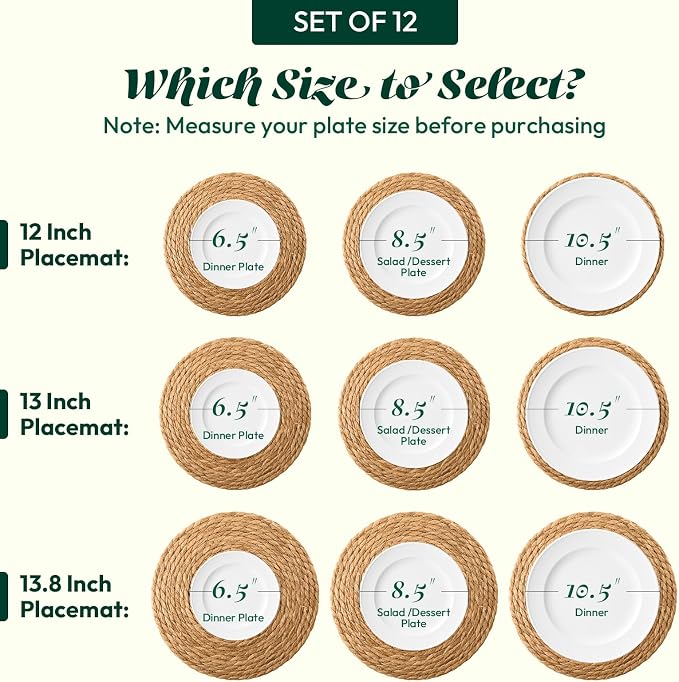 13 in Round Woven Placemats Plate Chargers Set of 12, Boho Farmhouse Rustic - Image 2