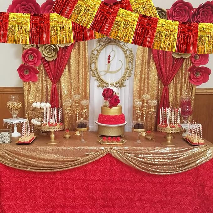 BEISHIDA Red Gold Fringe Garland Banner 30ft Wall Tinsel Foil Streamers | 3Pack - Image 6